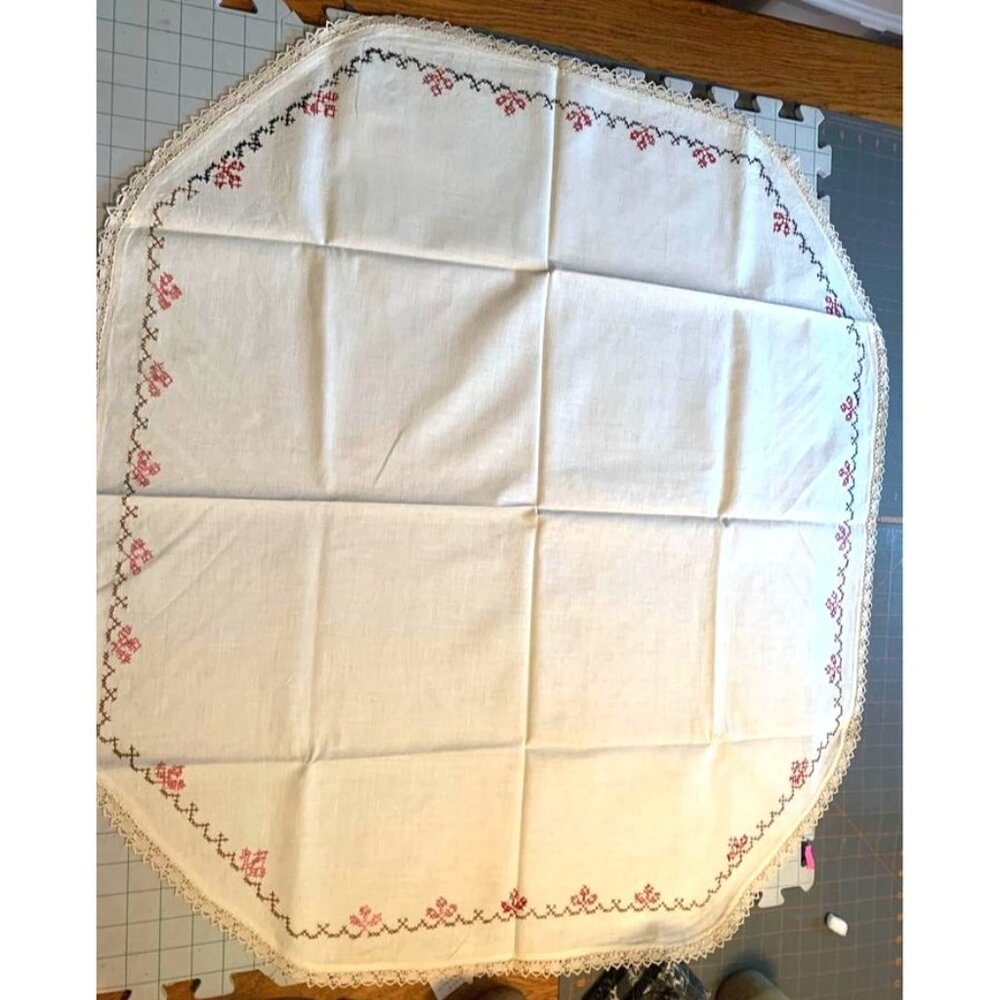 Hand Cross Stitch & Crocheted Edge Tablecloth 33"x36" Vintage Floral Ivory Charm